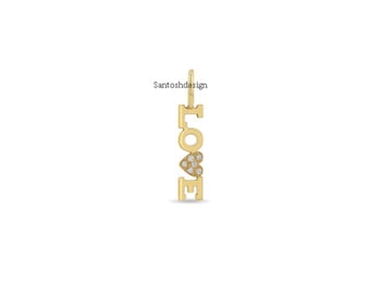 14k Solid Gold LOVE Diamond Pendant Charm, Handmade