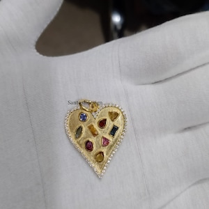 14k Solid Gold Heart Multi Sapphire Diamond Charm Pendant,Beautiful Heart Multi Sapphire Diamond Gold Charm Pendant,Handmade Jewelry,Gift