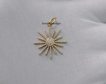 14k Solid Gold Starburst Diamond Pendant, Handmade Charm Jewelry