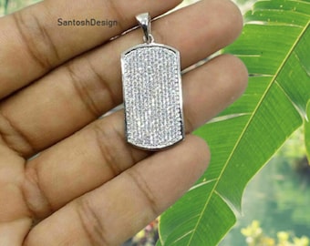 CZ Diamond Dog Tag Pendant, 925 Sterling Silver Charm, Handmade Jewelry
