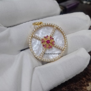 14k Solid Gold Mother Of Pearl Ruby Diamond Charm Pendant,Beautiful Mother Of Pearl Diamond Ruby Gold Charm,Handmade Pendant Jewelry,Gift