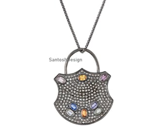 Oxidized Sterling Silver Sapphire Diamond Padlock Pendant, 40x30 MM
