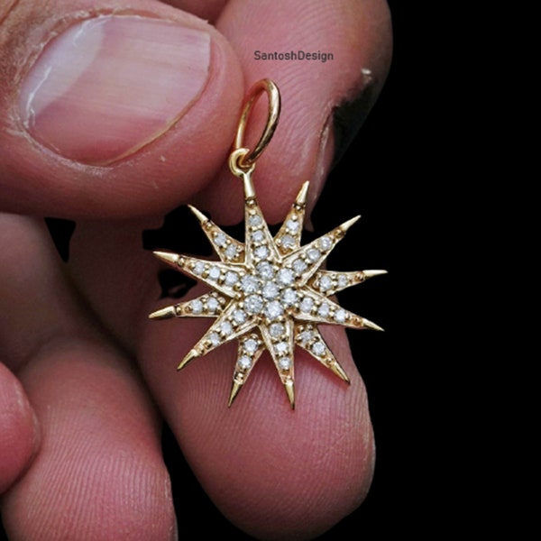Silver & 14k Solid Gold Starburst Diamond Charm Pendant,Beautiful Sterburst Diamond 14k Solid Gold Charm Handmade Pendant Jewelry,Gift