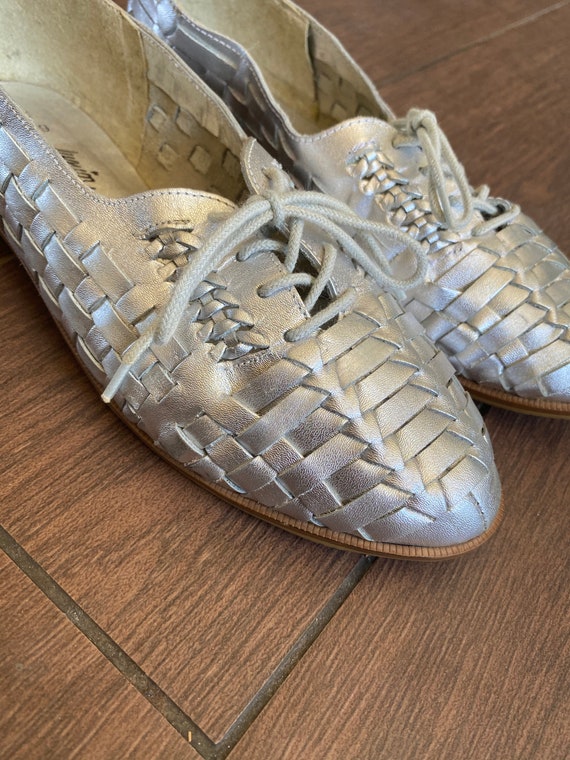 Metallic Silver 1970s Woven Leather Huaraches