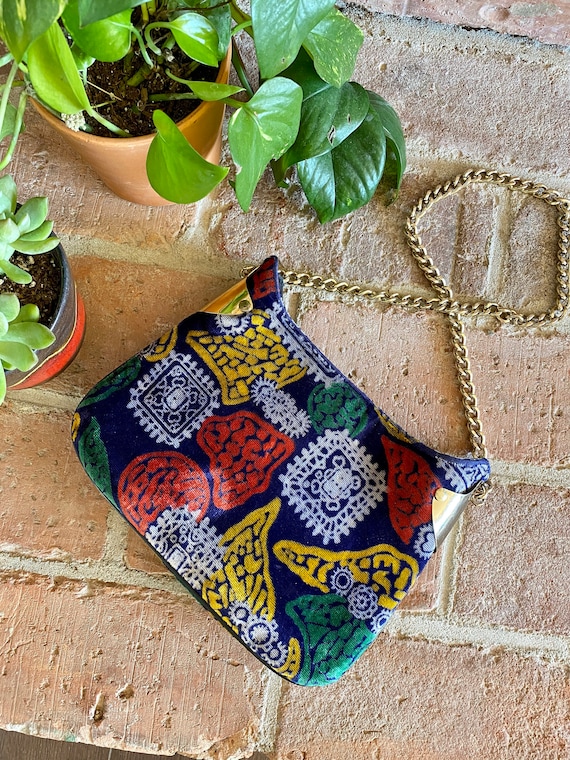 1960s Tiny Printed Velvet Handbag with Gold Chain