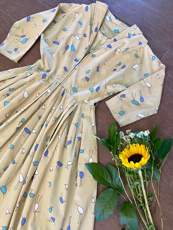 1950s Novelty Bird Print Cotton Shirt Dress | S 26