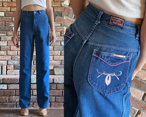 1970s High Waisted Wide Leg Embroidered Jeans ||