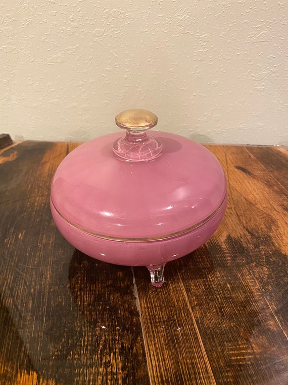 Vintage 3 footed covered candy dish in pink and gold Etsy
