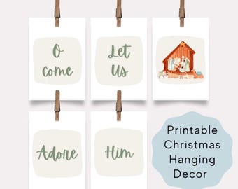 Christliche Weihnachtsbanner druckbar • Glaube Feiertagsgirlande • Krippe Weihnachtsdekor zum Downloaden