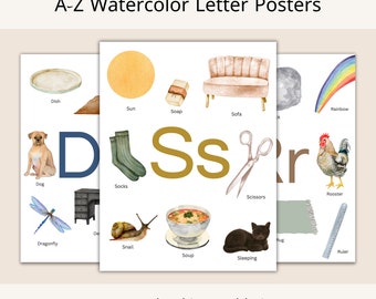 Aquarell Alphabet Poster • A–Z Kinderwandkunst • Kinderzimmer ABC Drucke • Klassenzimmer Deko