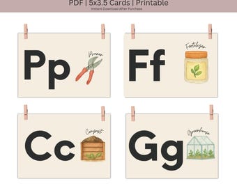 Garten Alphabet Karteikarten, Aquarell ABC Printables (PDF)