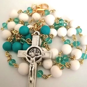 St Benedict Rosary necklace, Catholic Rosary, crystals chaplet, white rosary beads, blue crystals rosary.