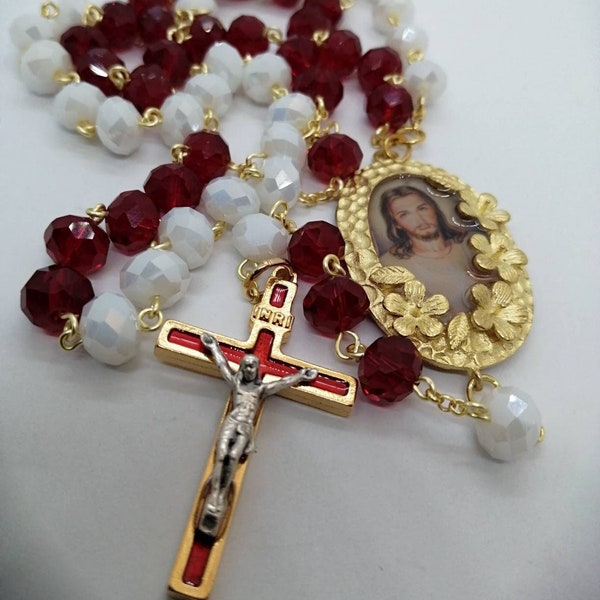 Divine Mercy Rosary Chaplet, red and white crystal Rosary, Catholic divine mercy, gift for first communion or confirmation.