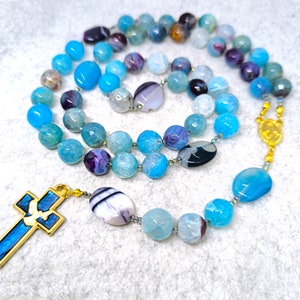 Miraculous medal Rosary, Large Catholic Rosary beads. Blue Agathe Gemstone Rosary, Italian Rosaries handmade, Holy Spirit Rosary necklace.