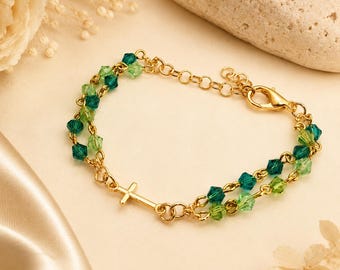 Catholic Rosary Bracelet, Catholic Cross Bracelet with Colorful Crystals, Gold Religious Jewelry, Prayer Bracelet for Women, Catholic Gift