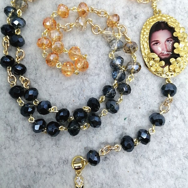 Catholic Rosary Holy face of Jesus, Divine Mercy chaplet, Black and gold Rosary, Crystals rosary bead, religious gift, Rosary necklace