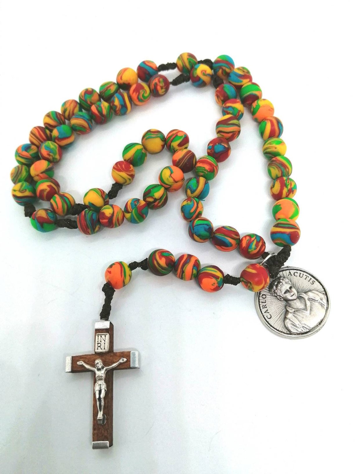Rosario Cattolico Colorato Con Perline In Argilla Polimerica 6mm - Medaglia Miracolosa E Crocifisso 5,1cm, Per Preghiera E Meditazione, Unico E Colorato