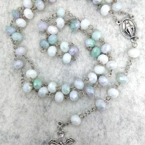 Catholic Rosary, Light blue Variegated Glass Crystal Rosary of The Miraculous Virgin Mary. Miraculous medal Rosary stainless steel.