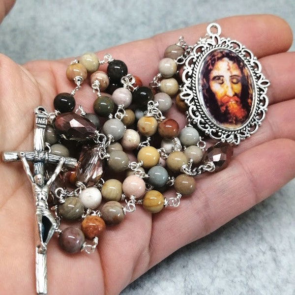 Holy Face of Jesus Chaplet, Catholic Rosary, gemstones rosary beas, devotion to the precious blood of Jesus Rosary, Handmade Rosary.