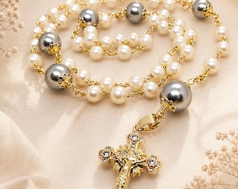 Elegante rosario de perlas de río para mujer, rosario católico artesanal, collar de rosario, joyería sagrada, regalo religioso para la Primera Comunión y la Confirmación.