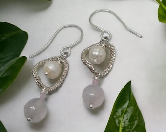 Rozenkwarts bungelende oorbellen, rozenkwarts en zilveren aluminium oorbellen, romantische stijl bungelende oorbellen, rozenkwarts oorbellen