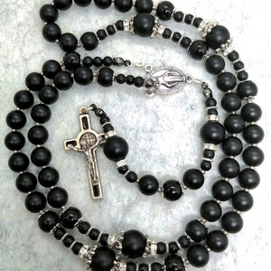 Black Catholic Rosary, St Benedict Rosasy, Black Onyx Rosary, St Benito, Miraculous Medal Rosary, Rosary For Men, Religious gift for men.