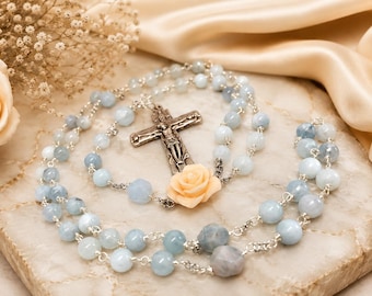 Rosario de aguamarina y calcedonia, rosario católico celestial hecho a mano, regalo religioso para mujeres, elegante rosario hecho a mano.