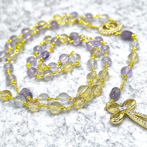 Virgen de Guadalupe Rosary necklace, amethist rosary, gold wire and ametrine beads, Our Lady of Guadalupe, Semiprecious gemstone Rosary bead