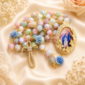Pastel Rosary Necklace with Blue Roses & Miraculous Medal – Handmade Catholic Jewelry for Women, Feminine Religious Necklace