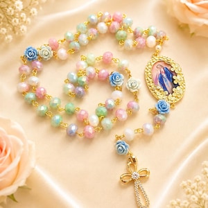 Pastel Rosary Necklace with Blue Roses & Miraculous Medal – Handmade Catholic Jewelry for Women, Feminine Religious Necklace
