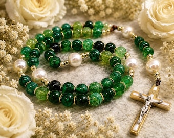 Rosario de ágata verde, rosario católico de piedra natural, rosario de lujo hecho a mano, elegante rosario de perlas con crucifijo de oro, regalo católico