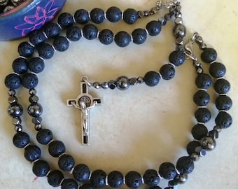 Black Rosary in Lava Stone and Hematite, Rosary Necklace for Men, Rosary of Saint Benedict, Handmade Rosary, La Bottega del Rosario