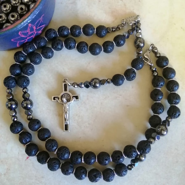 Black Rosary in Lava Stone and Hematite, Rosary Necklace for Men, Rosary of Saint Benedict, Handmade Rosary, La Bottega del Rosario