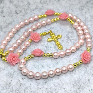 Catholic Roses Rosary, Pink Mother-of-pearls rosary, statement rosary bead, Pink Roses rosary, Handmade chaplet, unbreakable rope Rosary.