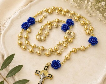 Champagne Gold Pearl Rosary Necklace, Saint Benedict Crucifix, Catholic Gift for First Communion, Confirmation, Baptism, Religious Jewelry