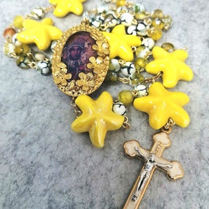 Our lady of czestochowa rosary, Virgin of Częstochowa Rosary, Black Virgin icon with child of St Luke, yellow rosary necklace.