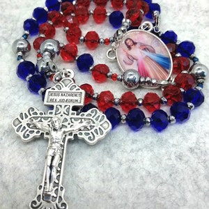 Divine Mercy Rosary Chaplet, red and blue crystal Rosary, Catholic divine mercy, gift for first communion. Cahtolic Rosary