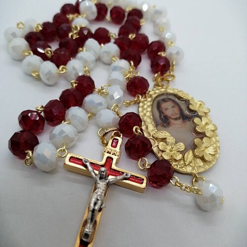 Catholic Prayer Card & Rosary Gift Set – Holy Spirit Chaplet With Red Crystal Beads, Holy Family Medal - View #13