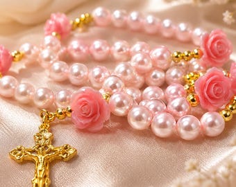 Pink Pearl Rosary Handmade Catholic Rosary, Pink Rose Rosary, Gold Hematite Rosary, Luxury Italian Rosary, Floral Prayer Beads, Gift for Her
