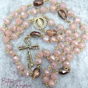 Pink crystals Rosary of Virgin of Guadalupa, Rosary jewel, Rosary necklace, handmade chaplet, gift for the first communion, Rosary for woman