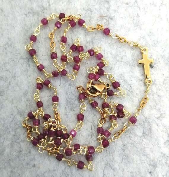 Ruby Rosary Choker Rosary Necklace in Natural Red Ruby Gemstones