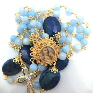 St Joseph Rosary beads, chalcedony rosary and lapis-lazzuli gemstones, Saint Joseph and Jesus Christ medal, Light blue Rosary.