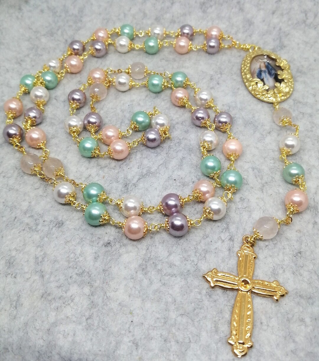 Catholic Pearls Rosary ,quartz Rosary, Colorful Rosary With Miraculous ...