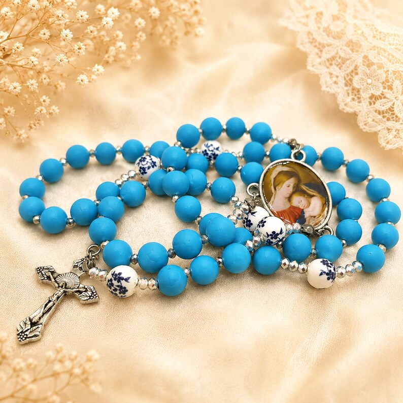 Blue Catholic Pattern Madonna and Child Rosary, Handmade Blue Catholic Rosary, Virgin Mary ...
