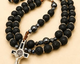 Saint Benedict Black Rosary in Lava Stone and Hematite, Rosary Necklace for Men, Handmade Rosary, Benedict Medal, Spiritual defender