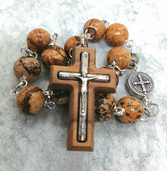 Saint Benedict Medal Prayer Pocket Rosary Catholic Brown Wood