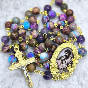 Catholic Rosary Holy Family of Nazareth. Holy family chaplet, Holy Family Rosary, colorful gemstone rosary, traditional Catholic rosary.