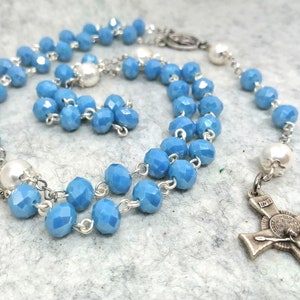 Blue Catholic Rosary, First Communion Rosary Chaplet, Blue and white Rosary, Miraculous medal Rosary chaplet, pearls rosary