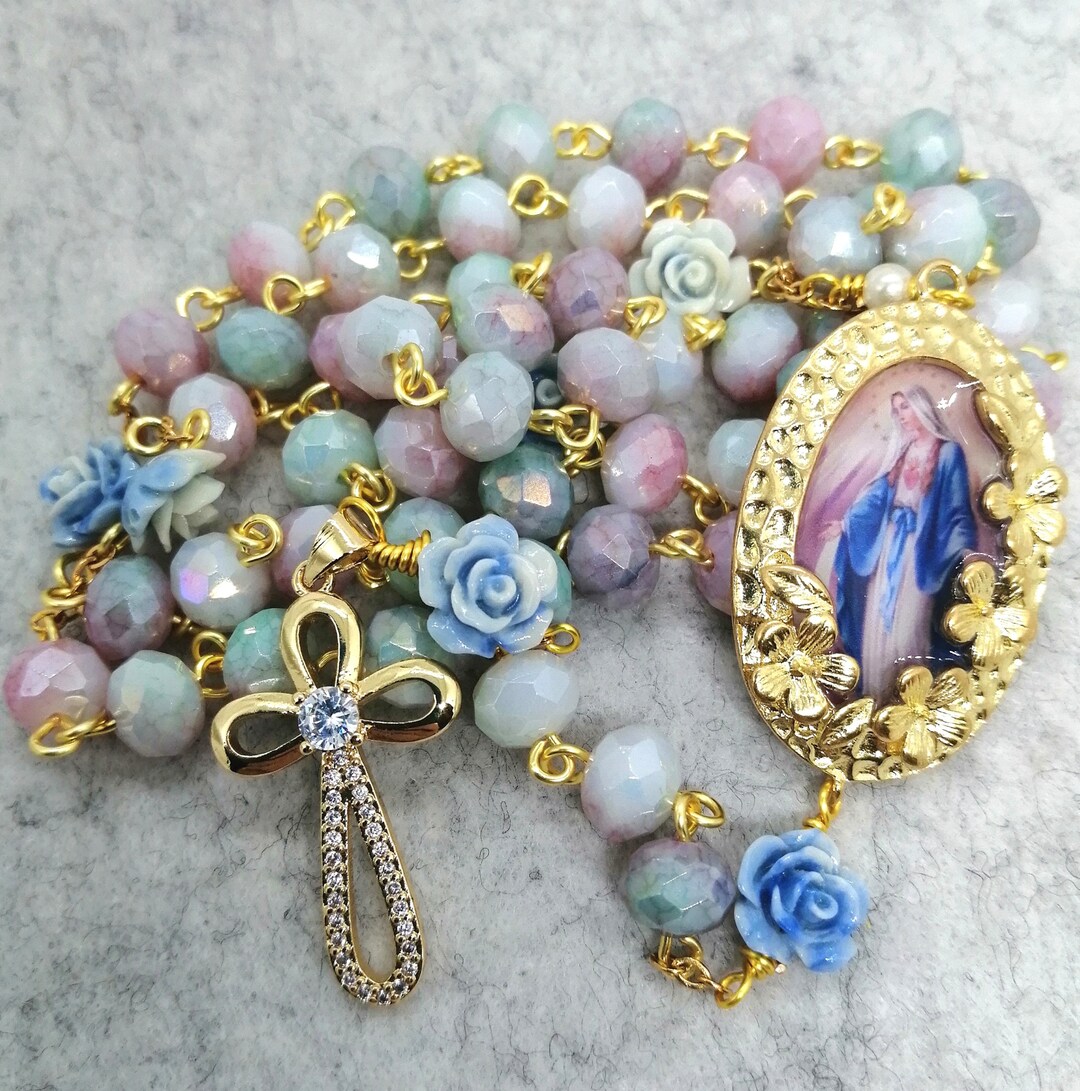 Catholic Rosary, Pink and Blue Variegated Glass Crystal Rosary of the ...