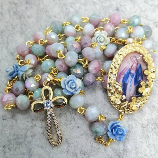 Catholic Rosary, Pink and Blue Variegated Glass Crystal Rosary of The Miraculous Virgin Mary. Miraculous medal Rosary with roses.